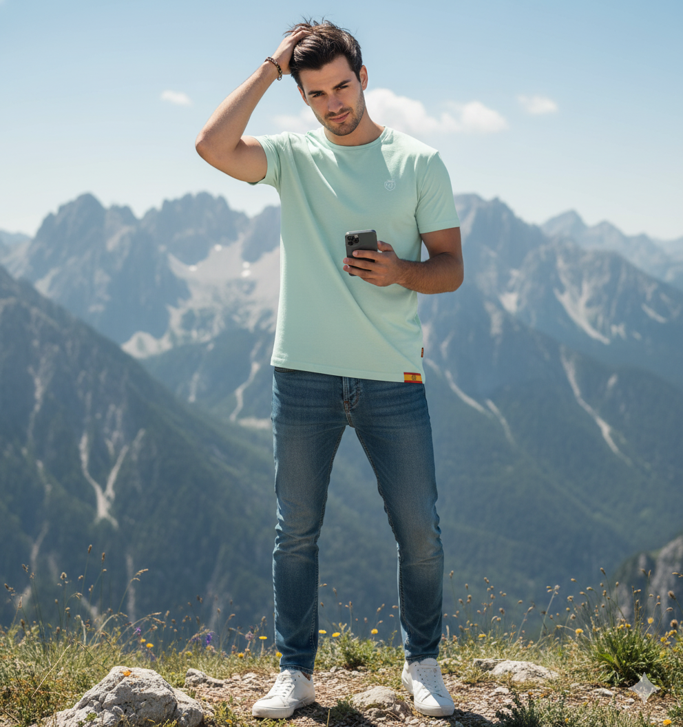 Camiseta Básica Verde agua con Logo y Bandera de España Algodon Hombre