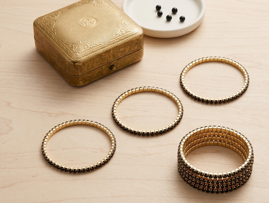 Pulsera Elástica "Brillo de Resistencia" - Cristales Negros y Acero (2mm)