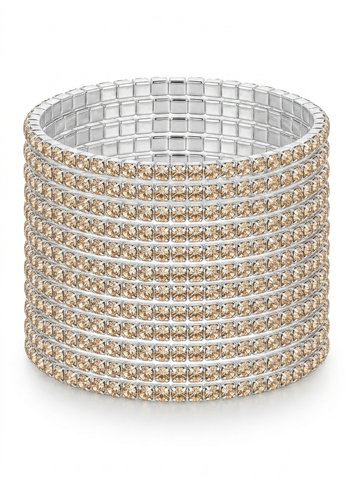 Pulsera elástica de acero plateado con cristales beige