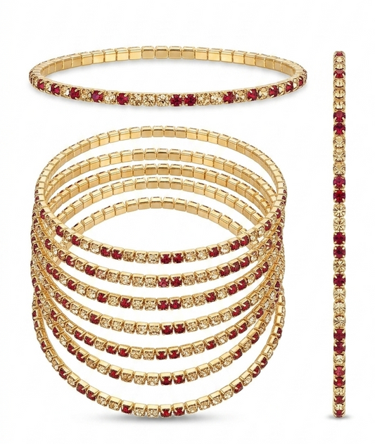 Pulsera elástica de acero dorado con cristales dorados y rojo intenso