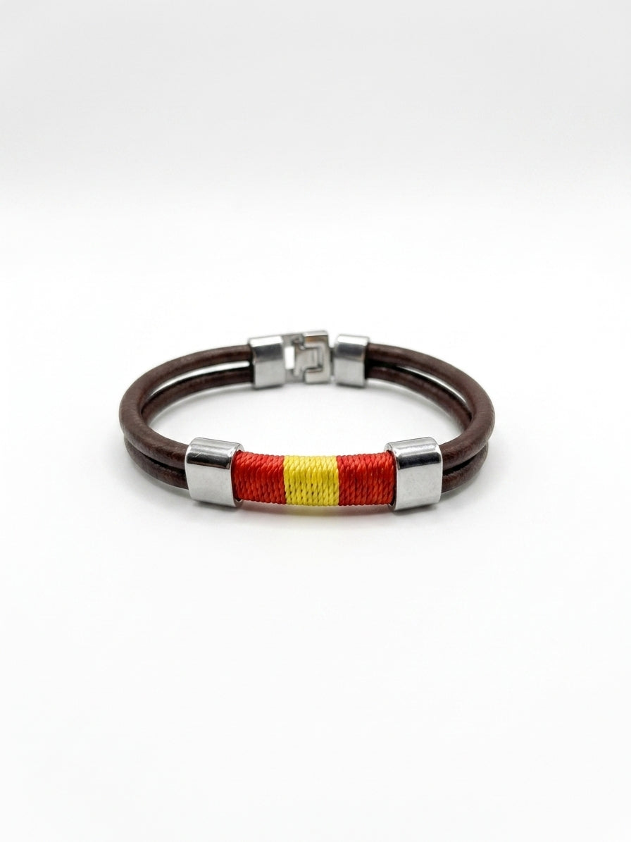 Pulsera Artesanal de Piel de Ubrique con Bandera de España y Cierre de Acero