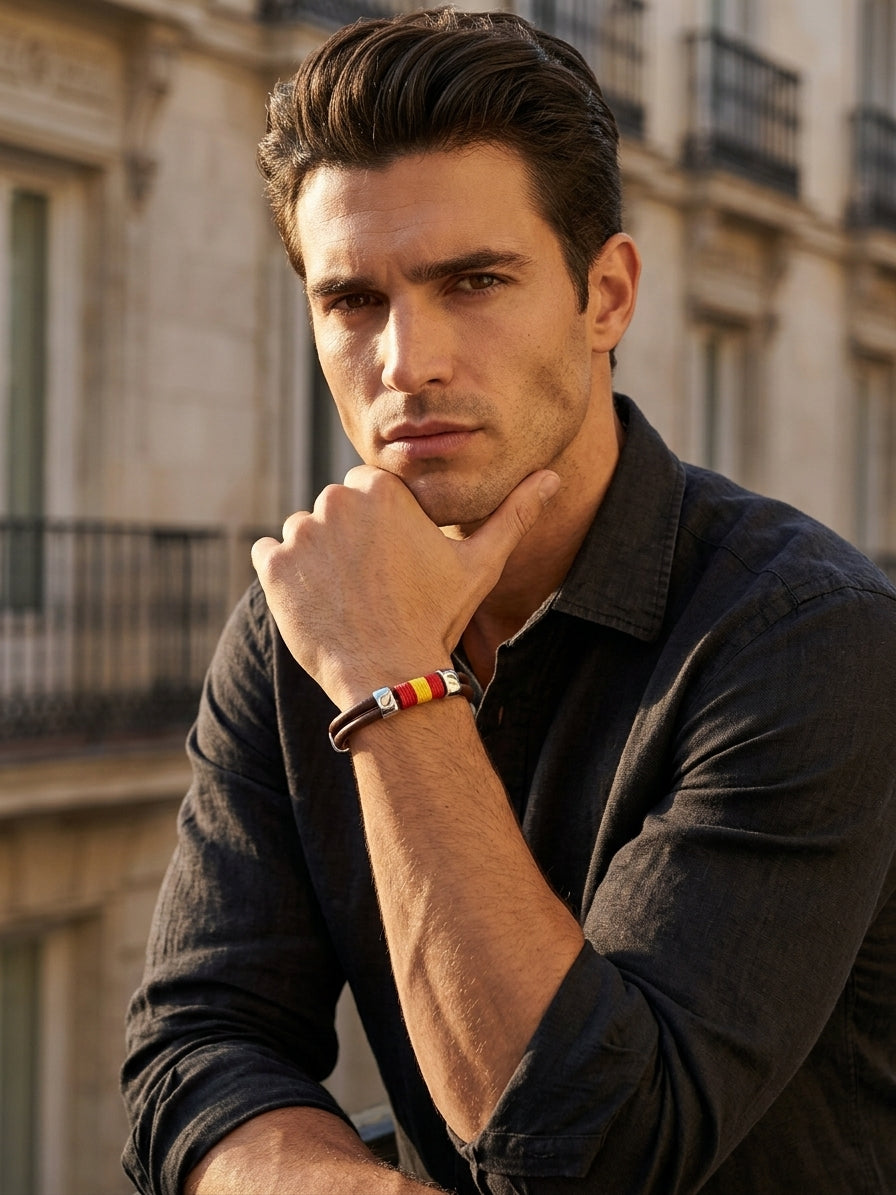 Pulsera Artesanal de Piel de Ubrique con Bandera de España y Cierre de Acero