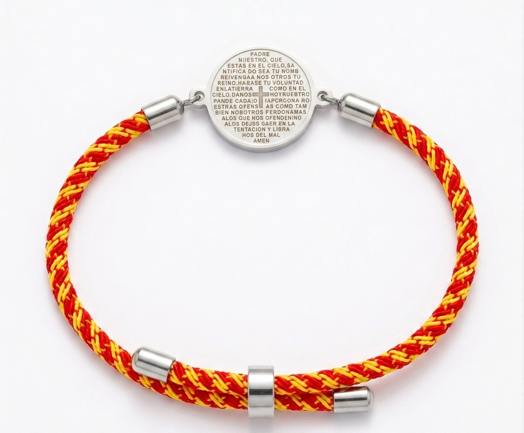 Pulsera Bandera de España con Medalla del Padre Nuestro – Acero y Tradición